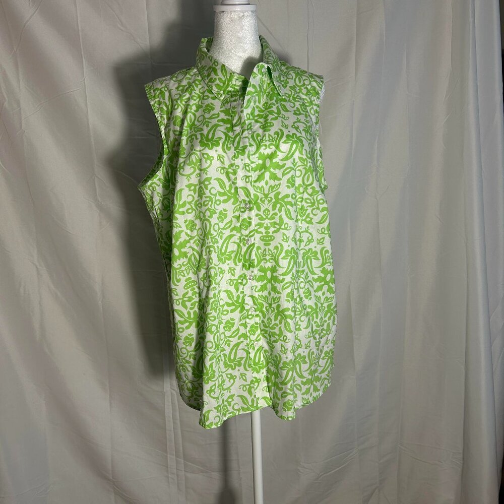 Chadwick's of Boston Size 18W Green/White Sleeveless Button front Poplin Shirt